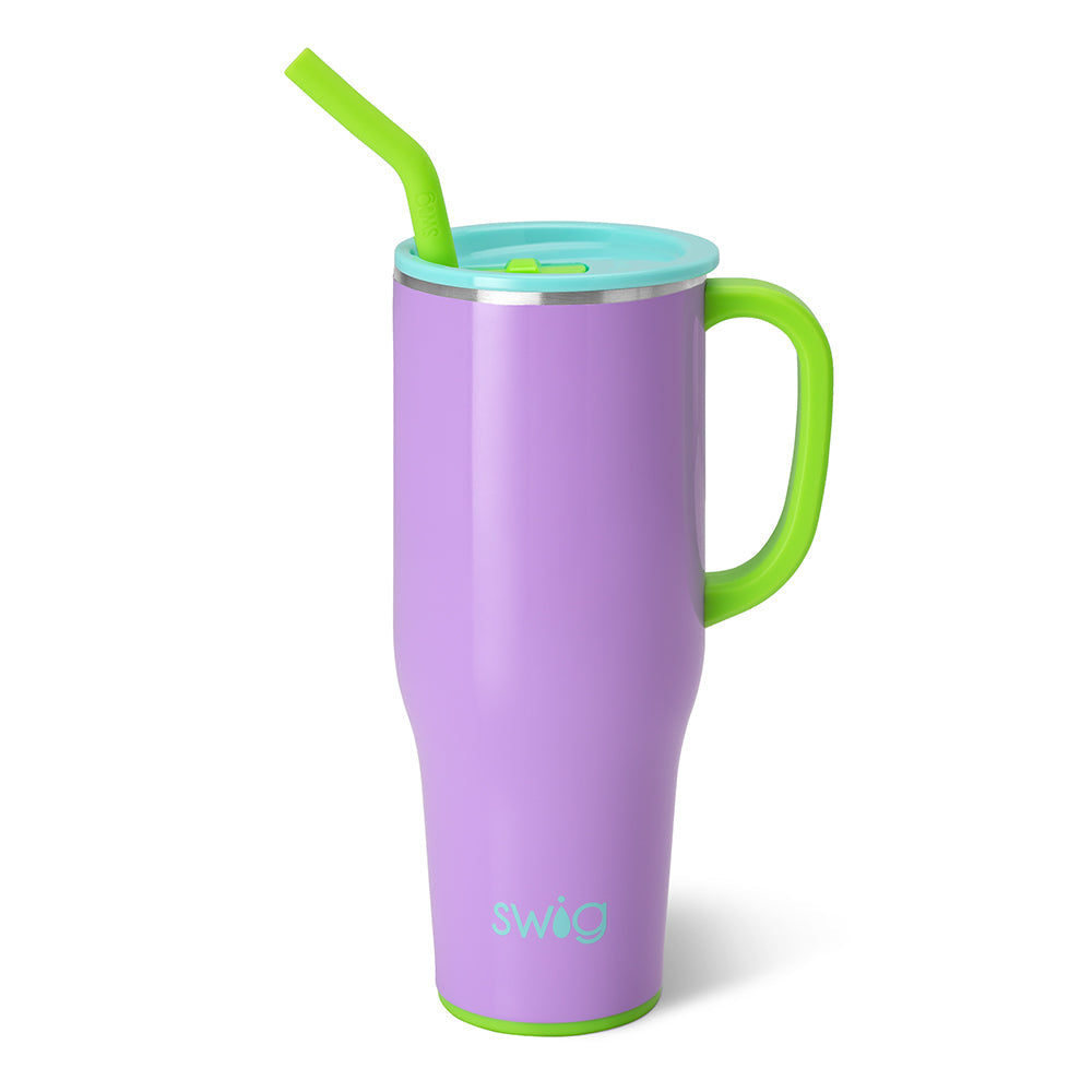 40oz Mega Mug in black with a comfort-grip handle, triple-insulated stainless steel body, and flexi-tip straw.