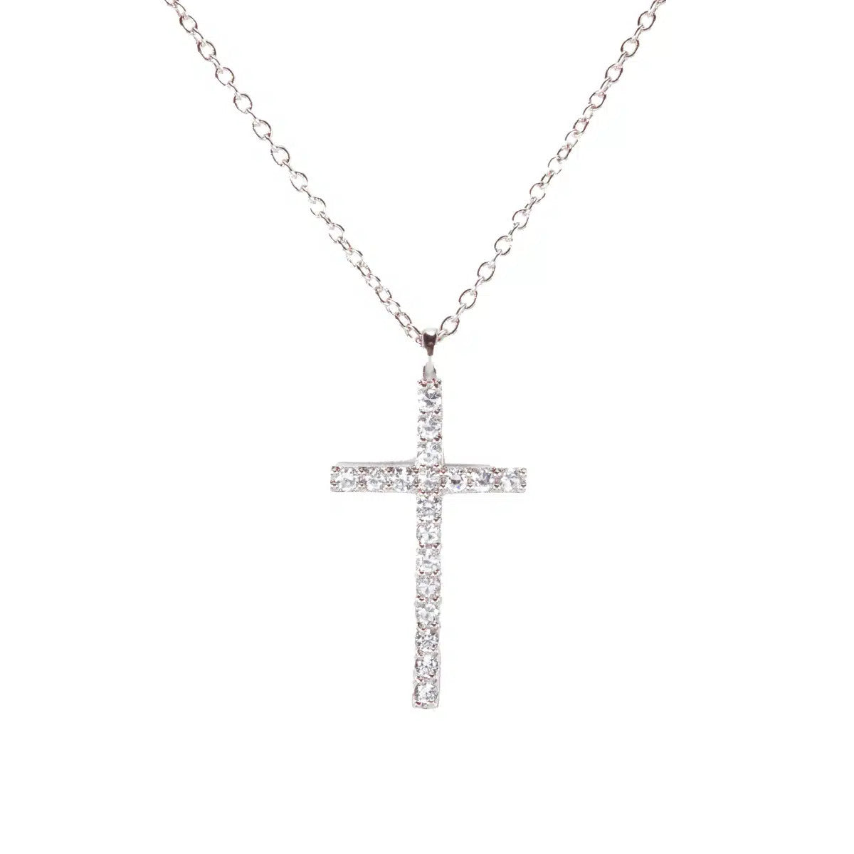 Silver cross necklace featuring a pendant set with sparkling clear stones on a delicate chain.