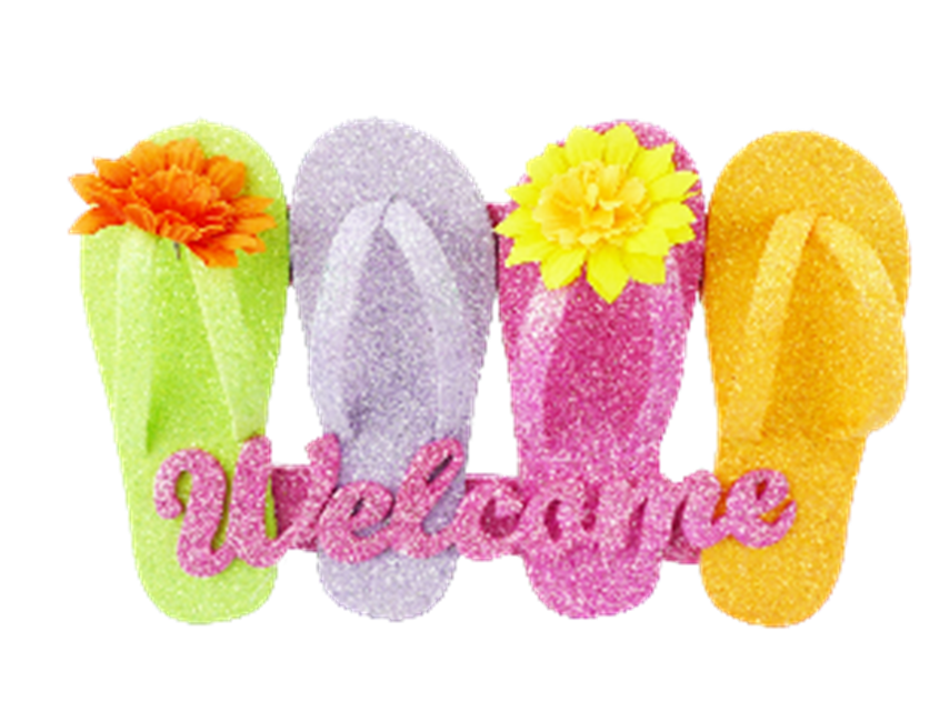 Polyfoam flip flop welcome sign with polyester flowers on wired thongs.