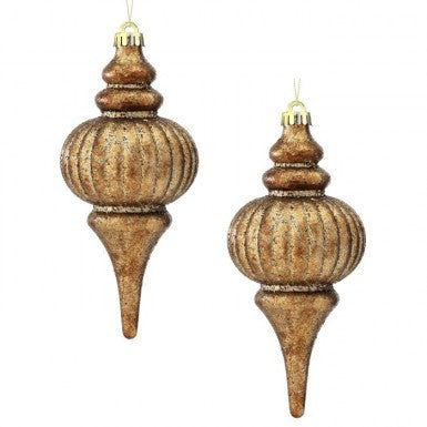 Two 10-inch copper gold vacuum plate painted speckled finial ornaments with a ribbed texture.