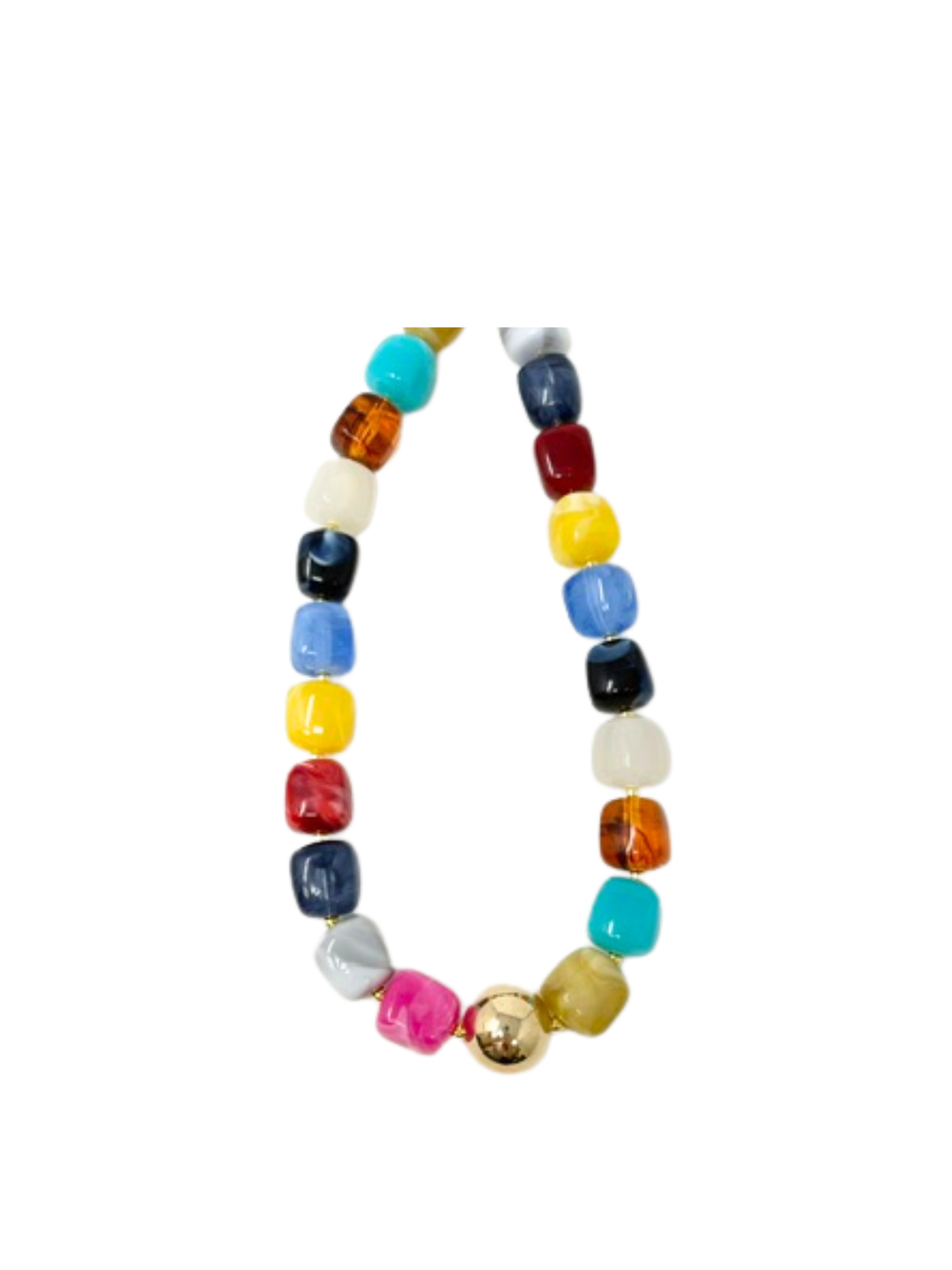 Multi-color beaded necklace with chunky polished beads in jewel tones and a gold spherical accent.