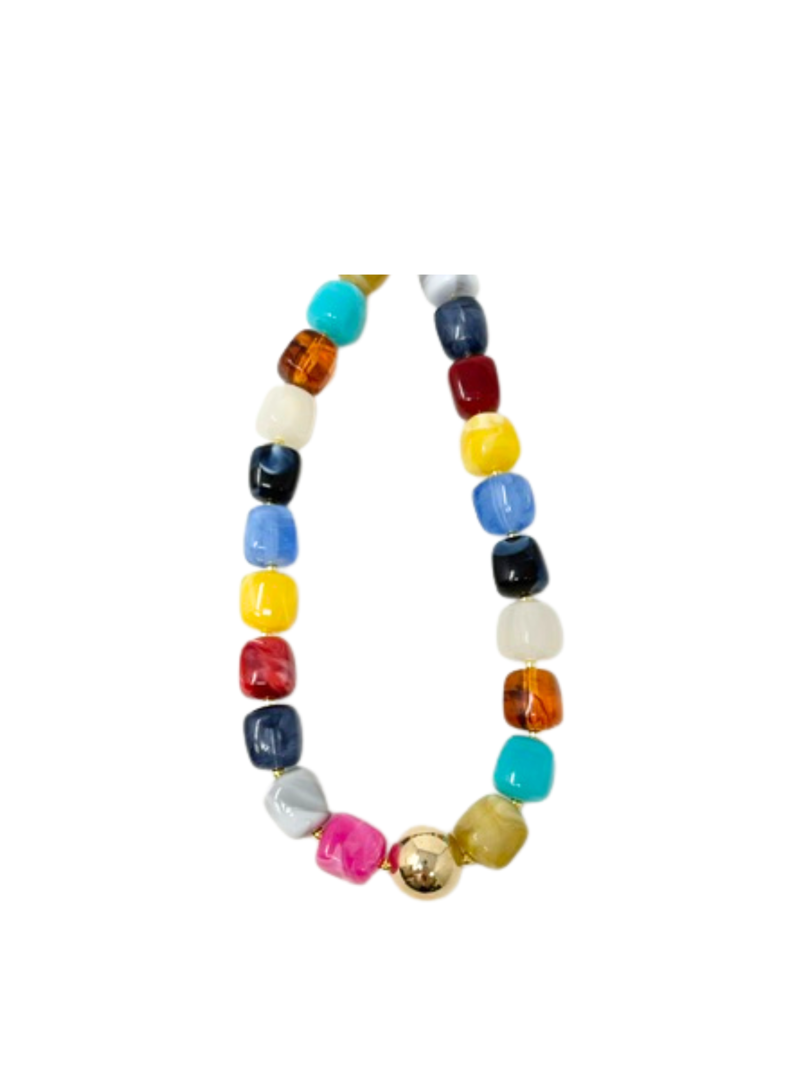 Multi-color beaded necklace with chunky polished beads in jewel tones and a gold spherical accent.
