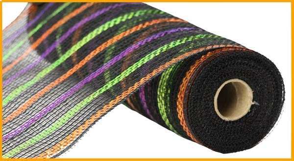 10.25 inch black metallic poly mesh ribbon with orange, lime, and purple stripes on a roll.