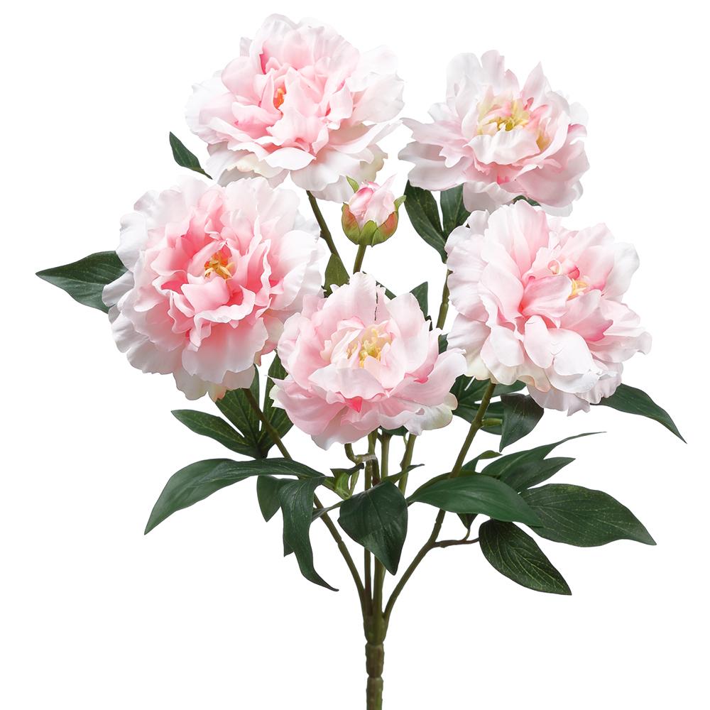 Plastic peony bush with pink flowers in a wire frame stand.