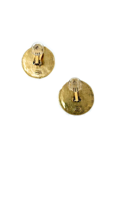 Back view of gold Elizabeth Coin clip-on earrings showing the textured metal and clip mechanisms.
