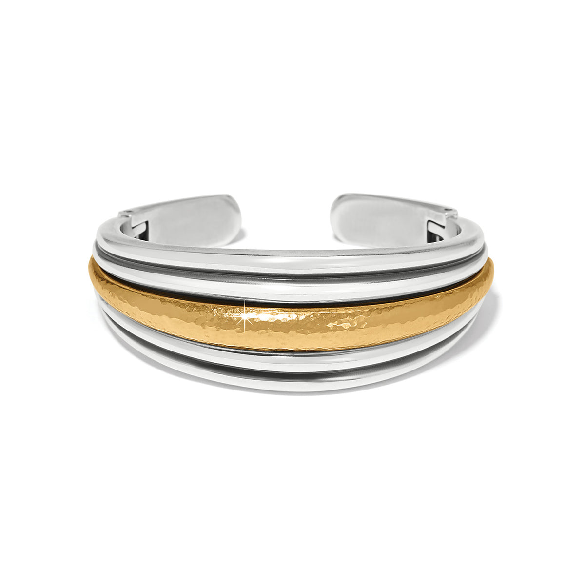 Ferrara Deco two-tone hinged bangle with silver bands and a central hammered gold band.