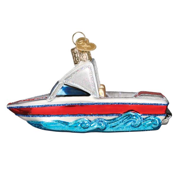 Hand-painted glass ski boat Christmas ornament with red, white, and blue glitter details.