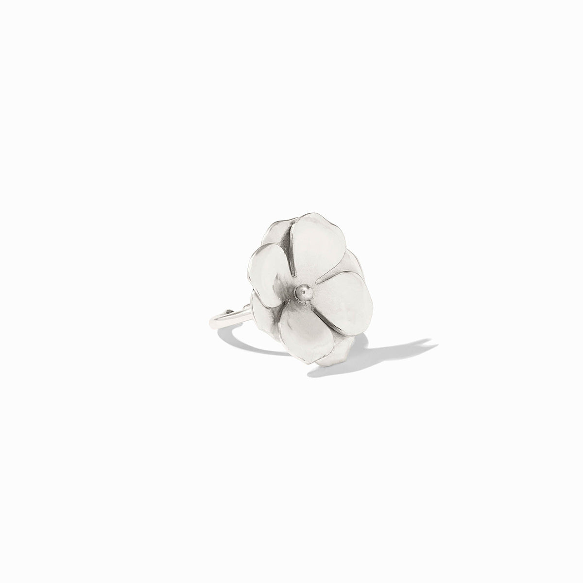 Adjustable silver plate statement ring with a floral bloom design.