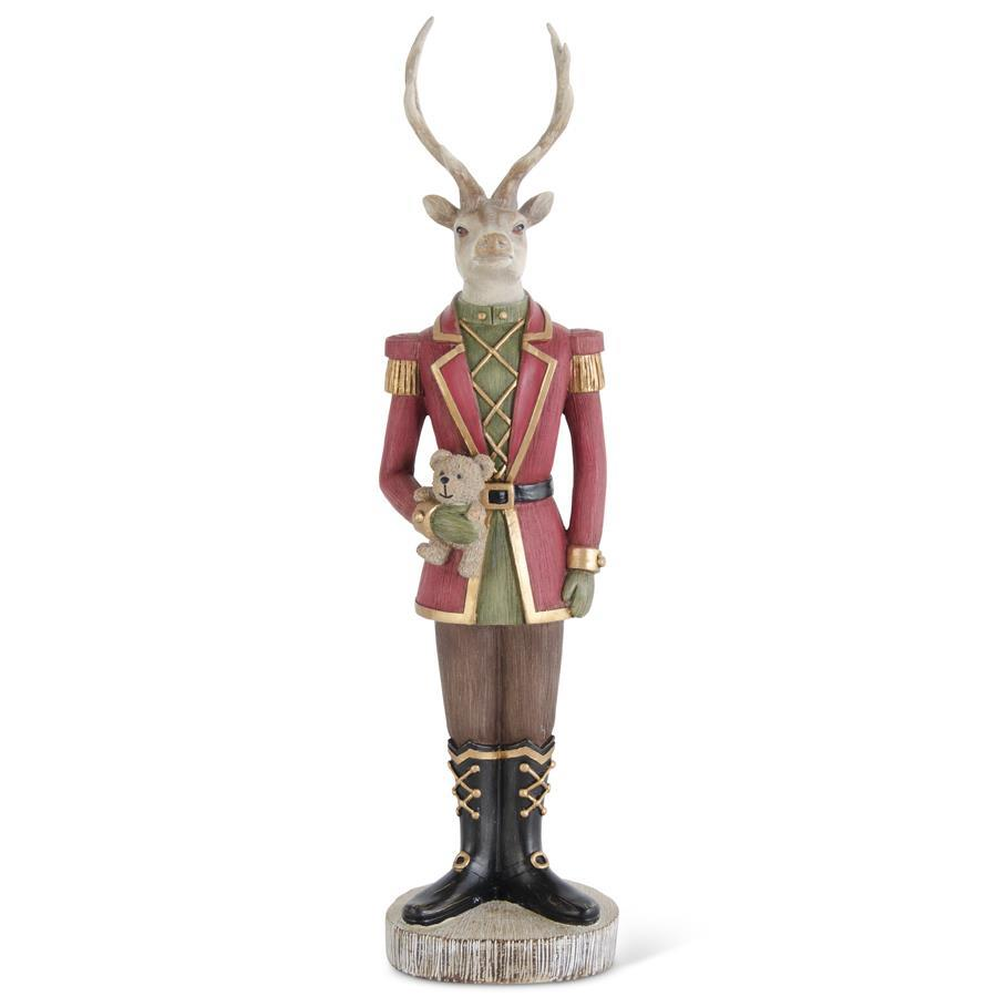 15-inch resin deer soldier figurine in a red uniform holding a small teddy bear.