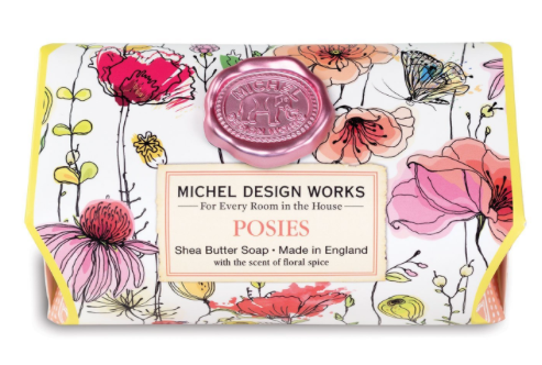 Michel Design Works Posies shea butter soap bar with floral print and pink wax seal.