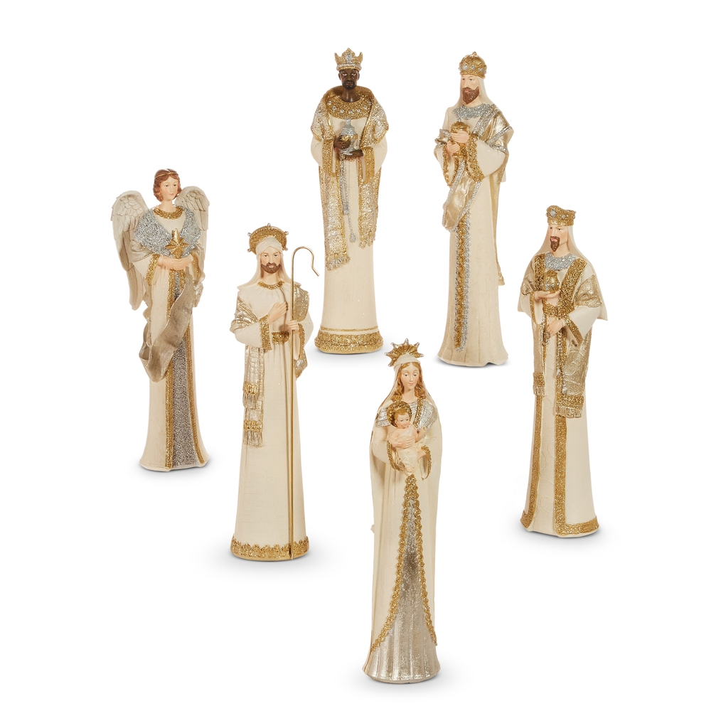Six elegant 14-inch resin nativity figures in cream and gold, including Mary, Joseph, and the Magi.