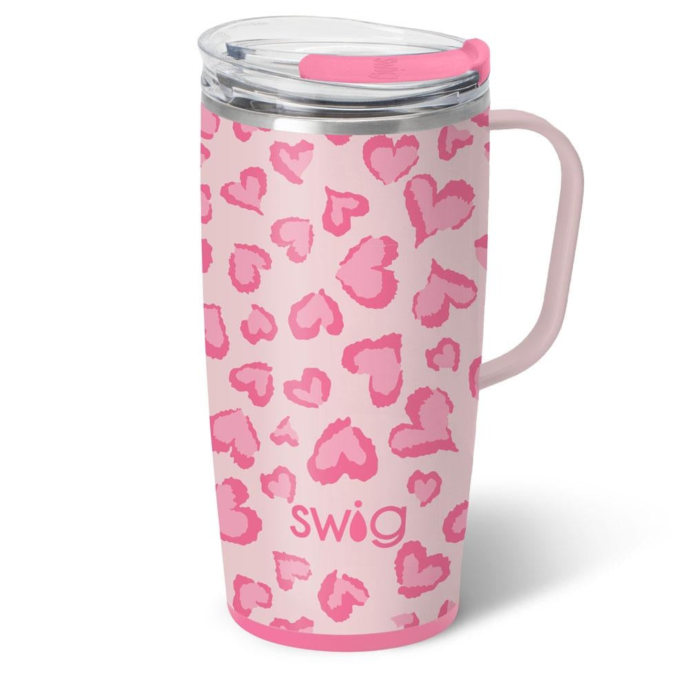 Silver stainless steel travel mug with a slim metal handle and large BPA-free lid.