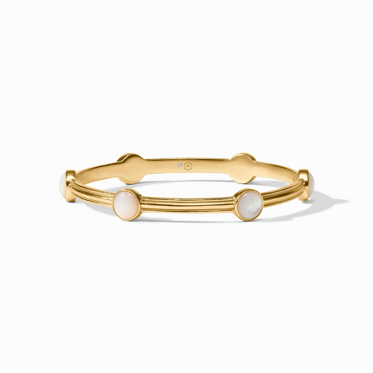 Gold Essex Stone Bangle with four round white stones and a ridged band design.