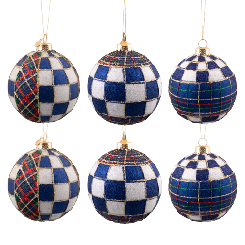 Set of six navy and white checkered glass ball ornaments with tartan accents and gold hangers.