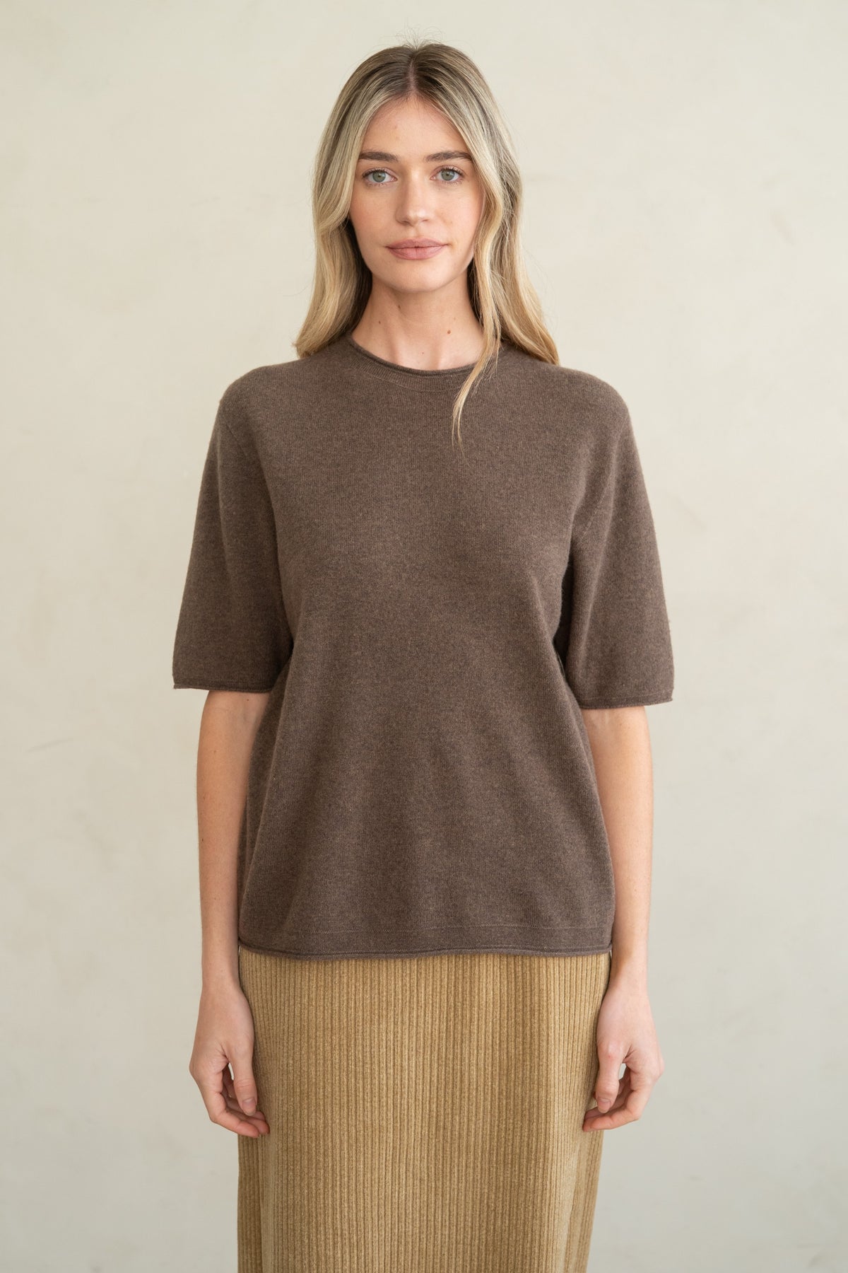 Emilia raw edge crew knit top in soft fine gauge fabric with relaxed silhouette