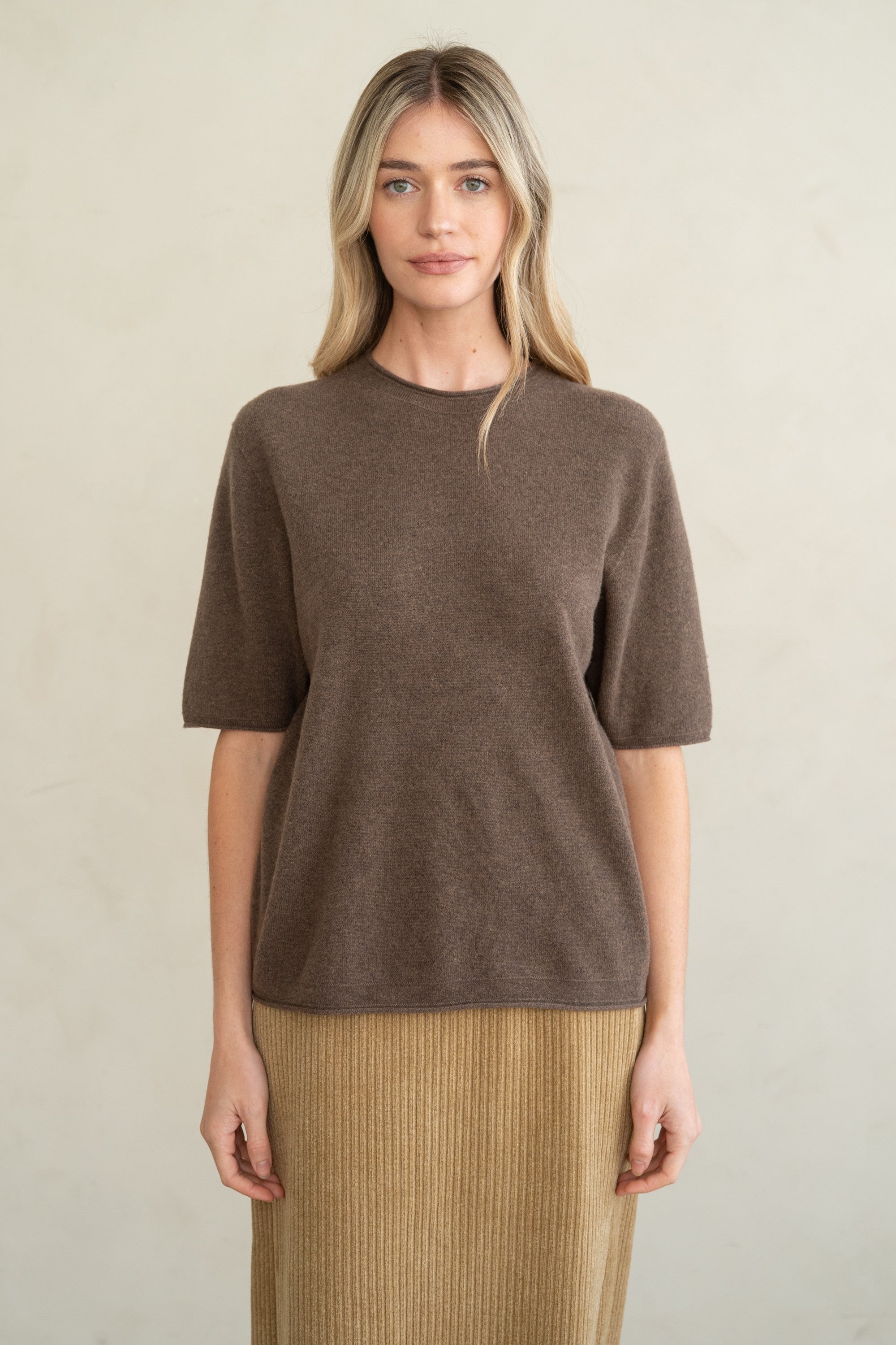 Emilia raw edge crew knit top in soft fine gauge fabric with relaxed silhouette