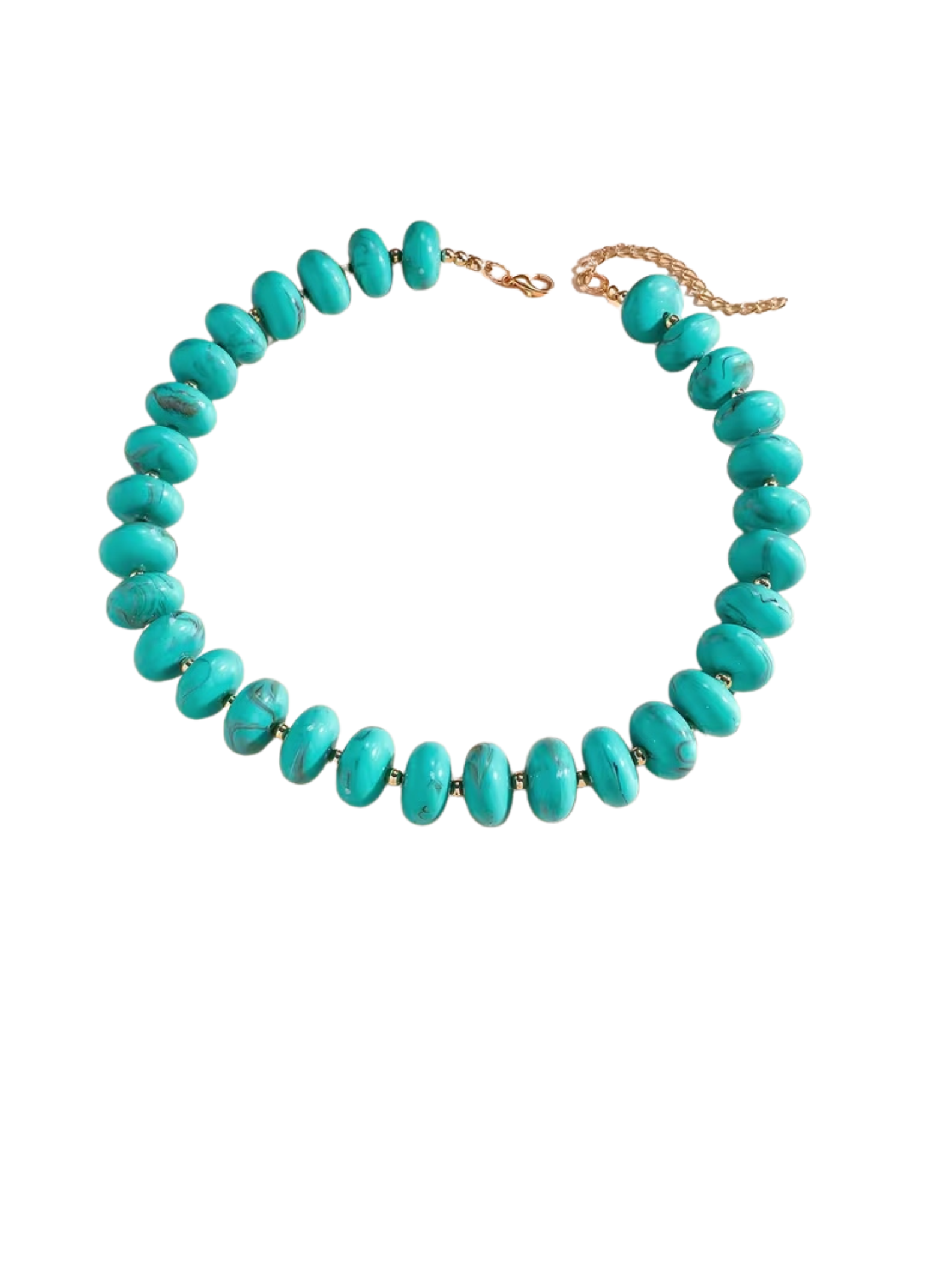 Gradient turquoise beaded necklace with a gold-tone lobster clasp and extender chain.