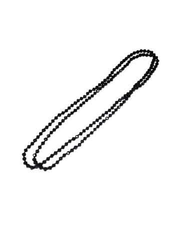 30-inch vintage style necklace featuring small black beads on a long strand.