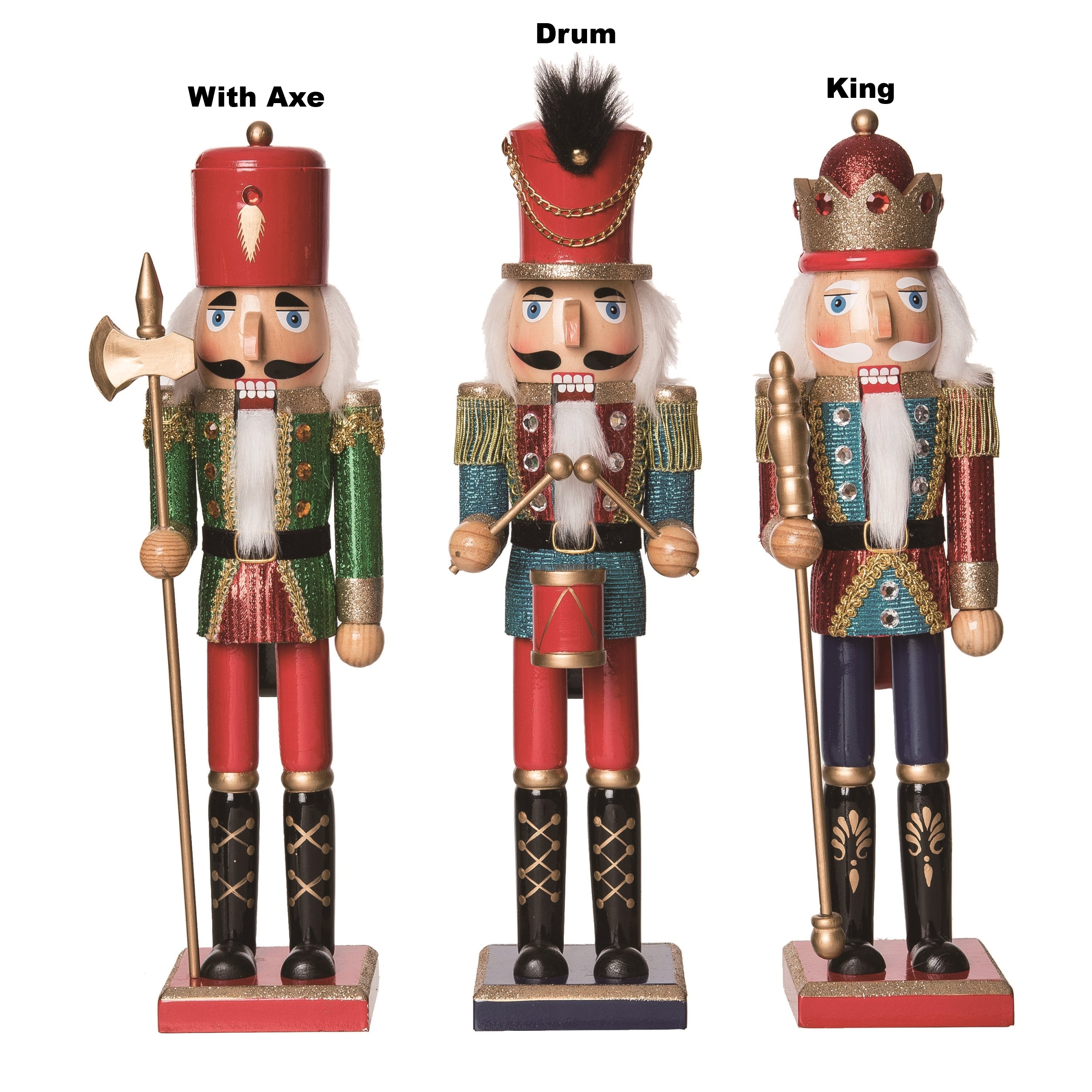 Three glittery wooden nutcrackers: one with an axe, one with a drum, and one king with a scepter.