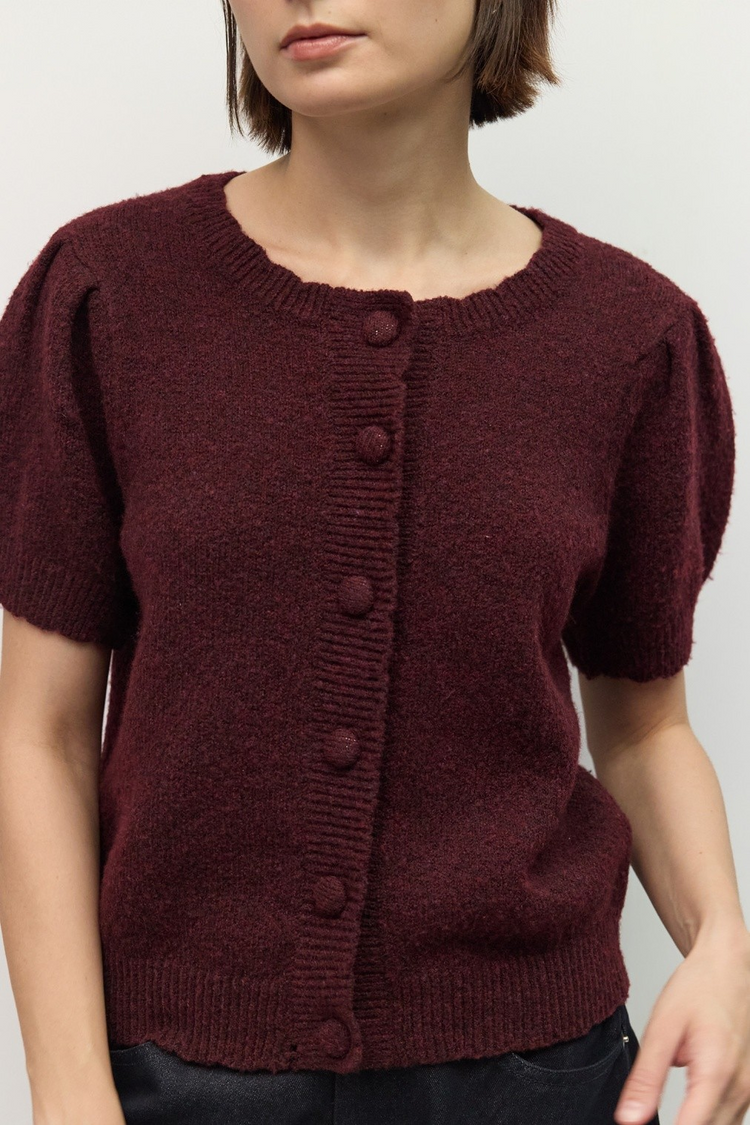 Close-up of a woman wearing a burgundy knit short-sleeve button-front top with puff sleeves.