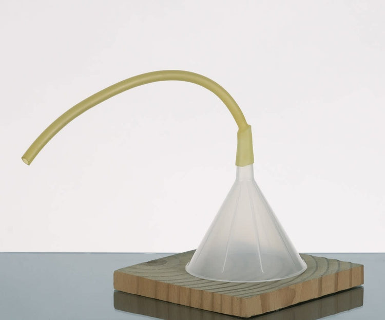 Wolfard Flex Funnel with flexible tubing attached to glass oil lamp reservoir