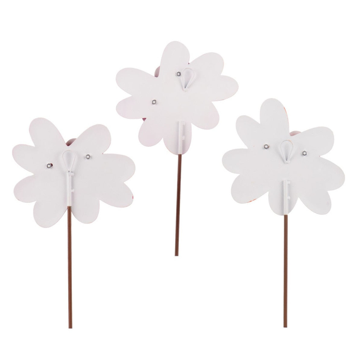 Three white flower stakes with brown stems, designed for garden decoration.