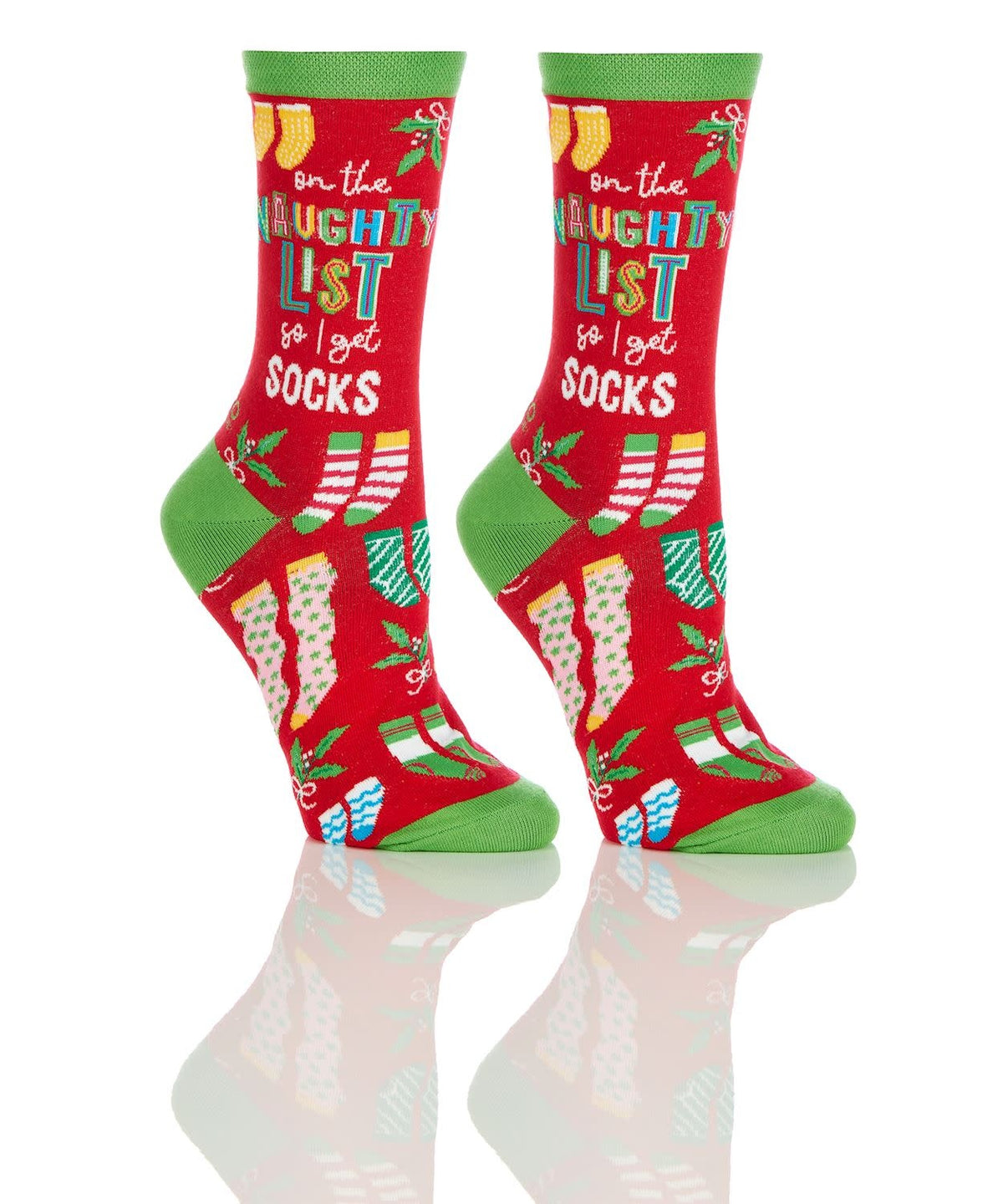Women's crew sock in cotton blend with sentiment designs, reinforced heel and toe.