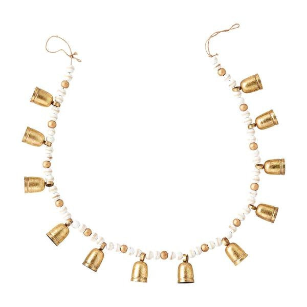 Wood Bead Bell Garland featuring lustrous mango wood beads and metal bells on a 60-inch length.