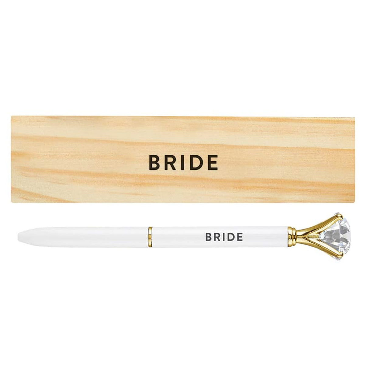 Wood box containing a gem pen with bride theme phrase