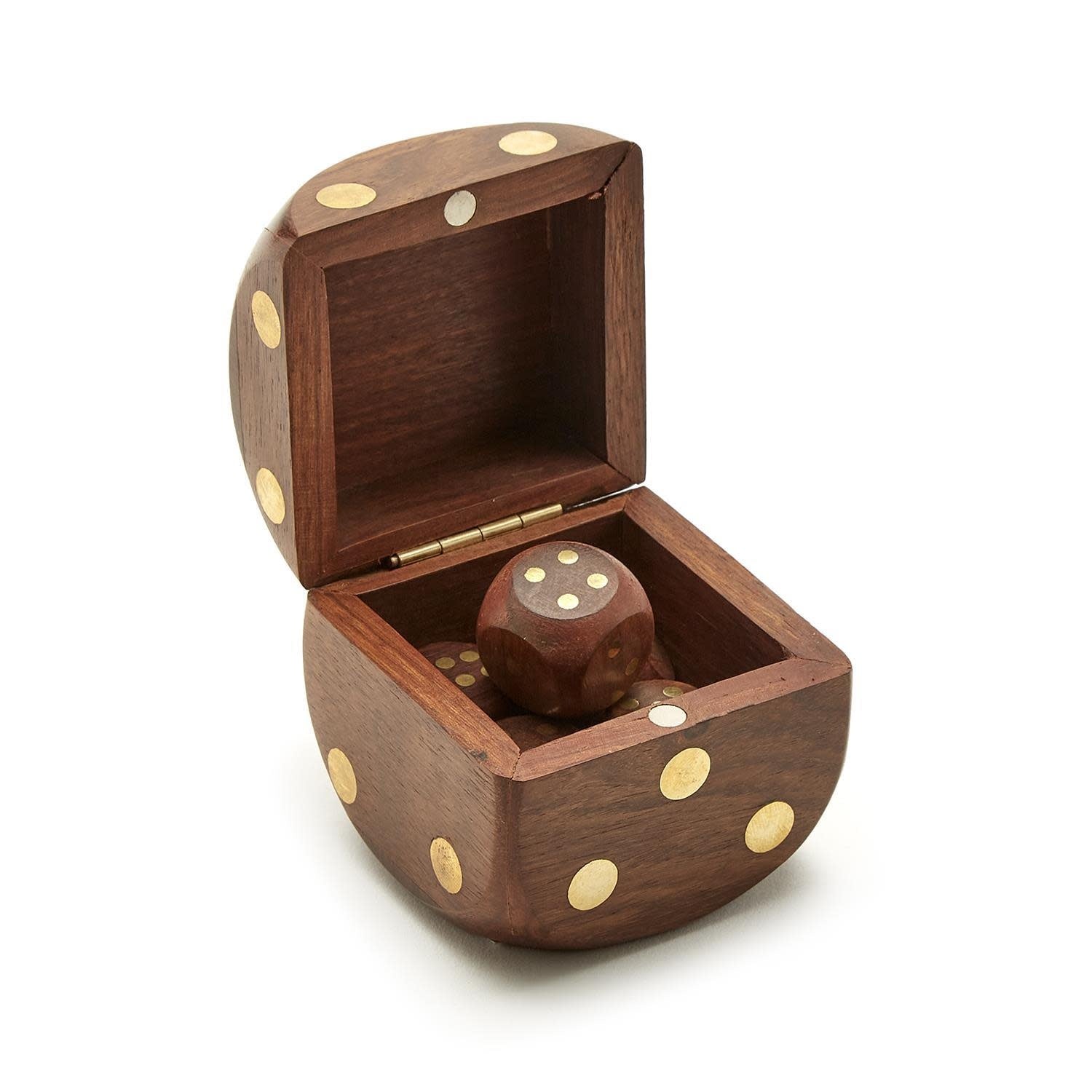 Acacia wood dice box with magnetic closure holding six natural grain polyhedral gaming cubes