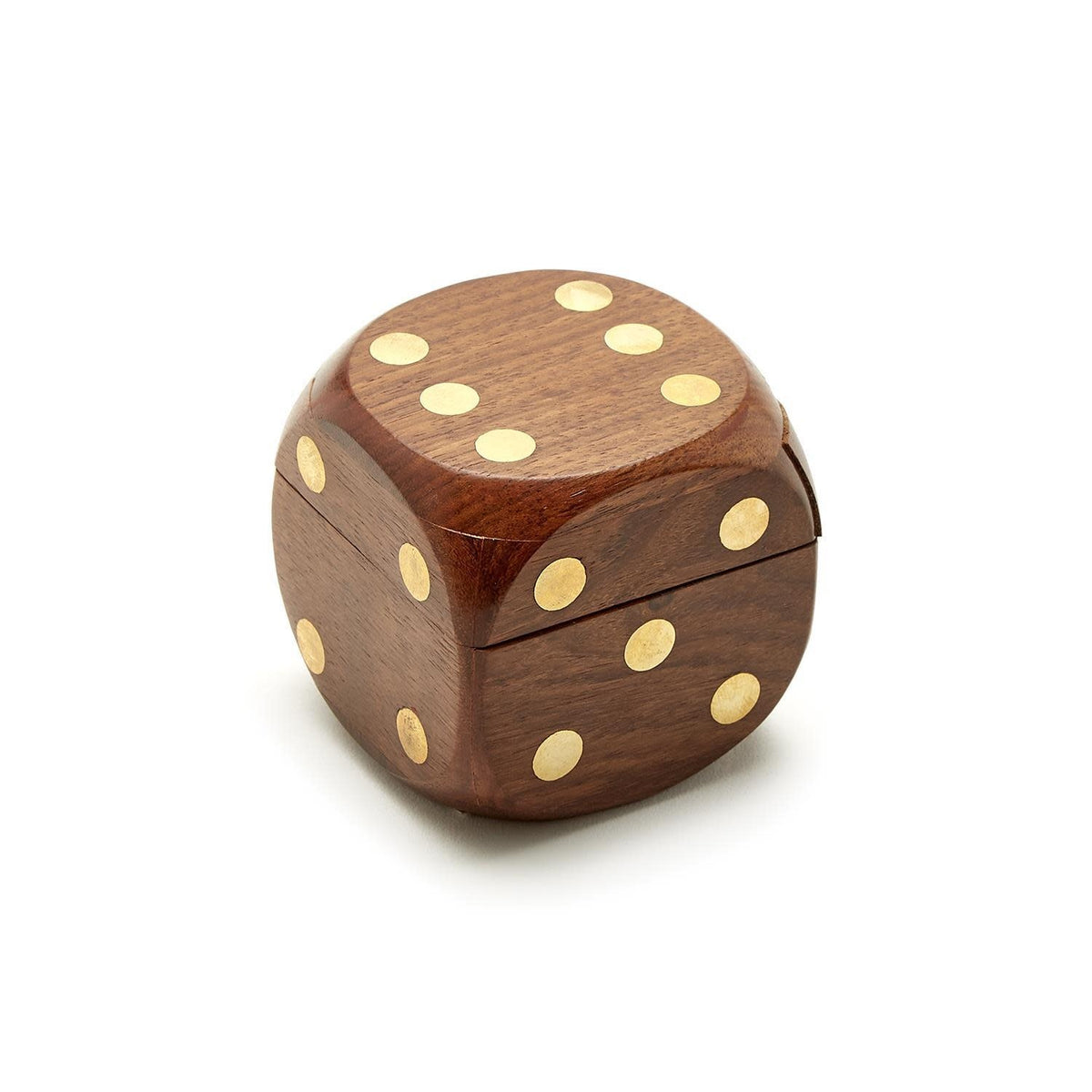 Acacia wood dice box with magnetic closure containing six natural stone game pieces