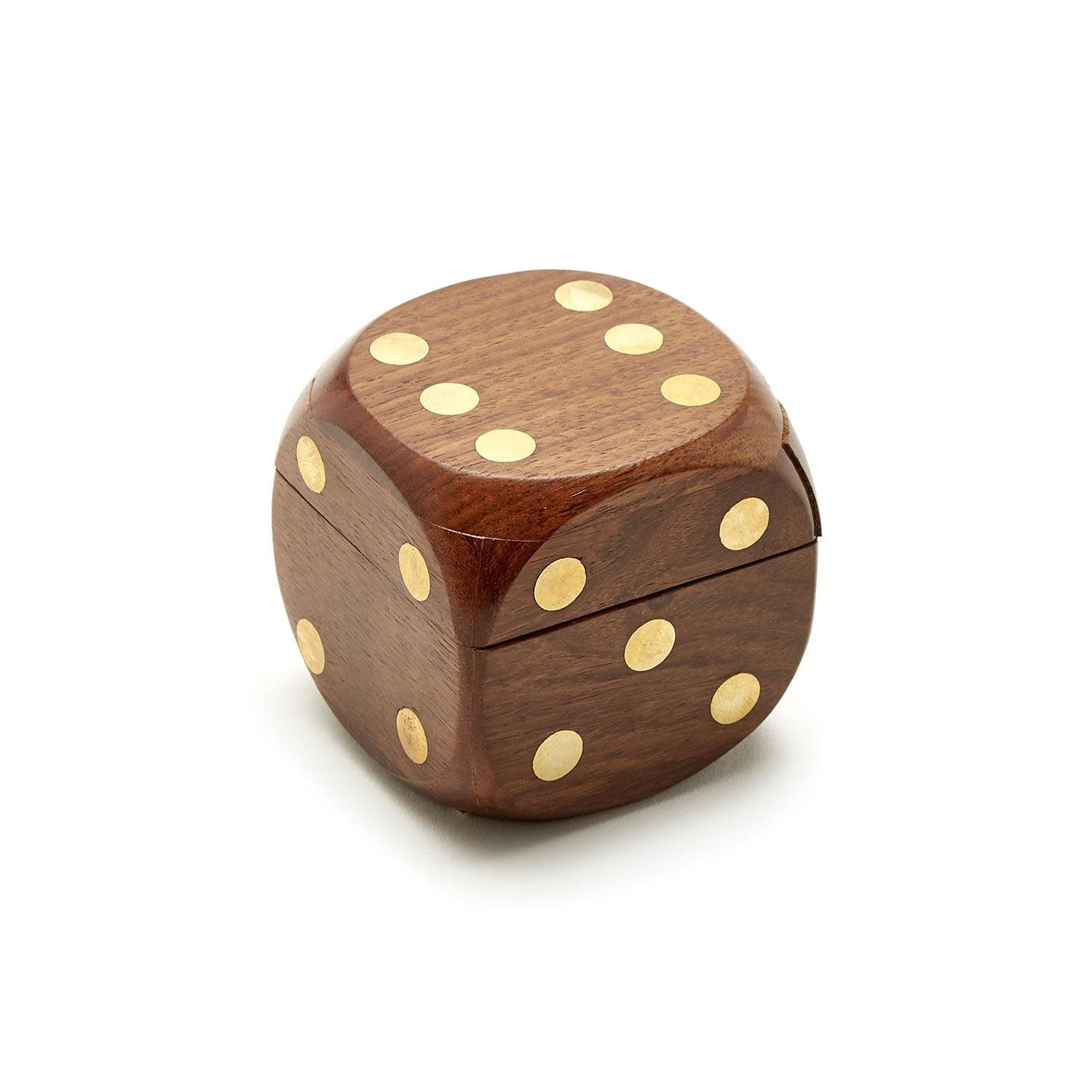 Acacia wood dice box with magnetic closure containing six natural stone game pieces