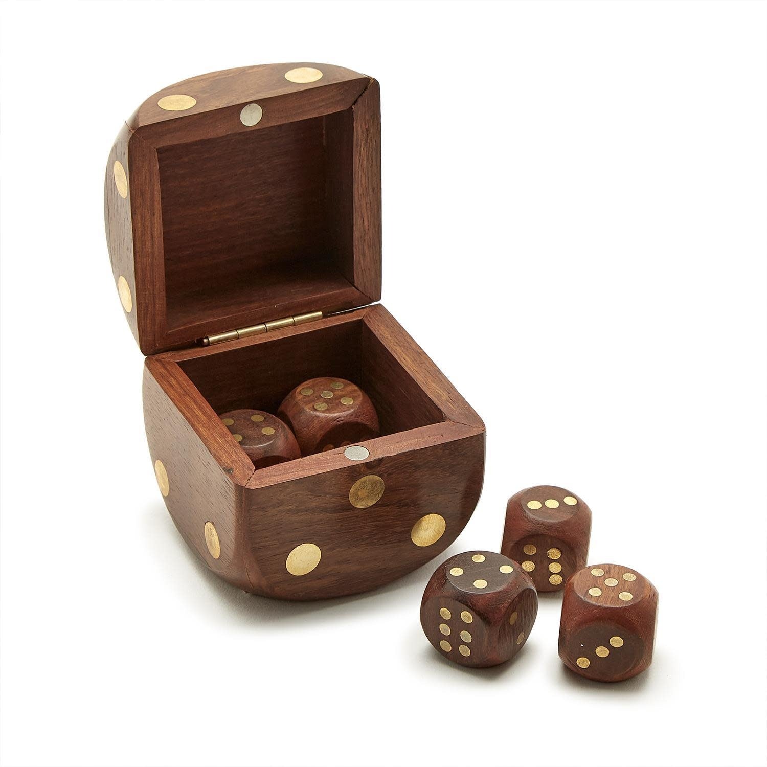 Wooden dice box with magnetic closure containing six natural wood-finish polyhedral game pieces.