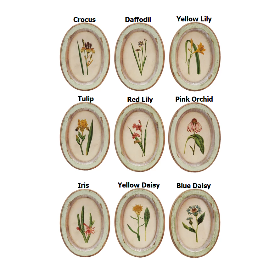 Wood framed glass wall décor featuring a floral silhouette with natural wood grain finish.