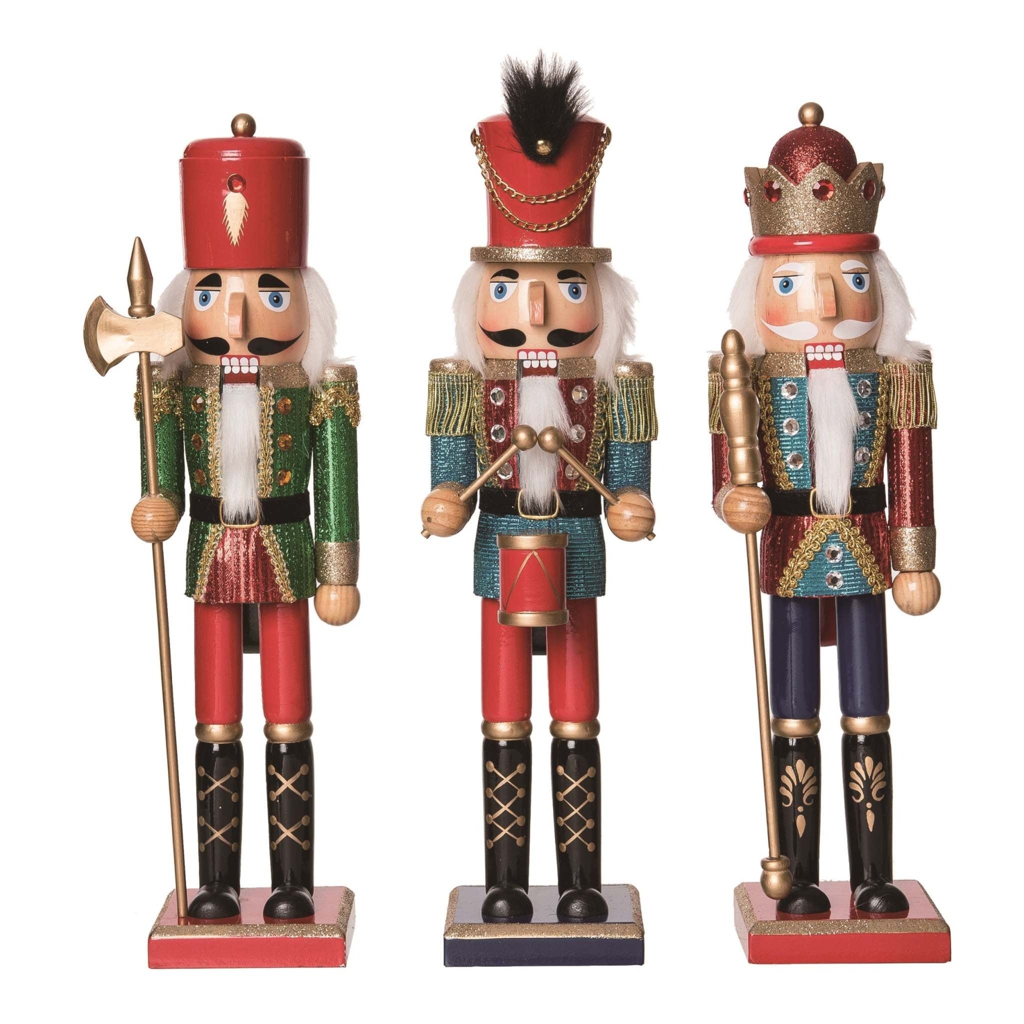 Wooden nutcracker with gold glitter accents standing upright.
