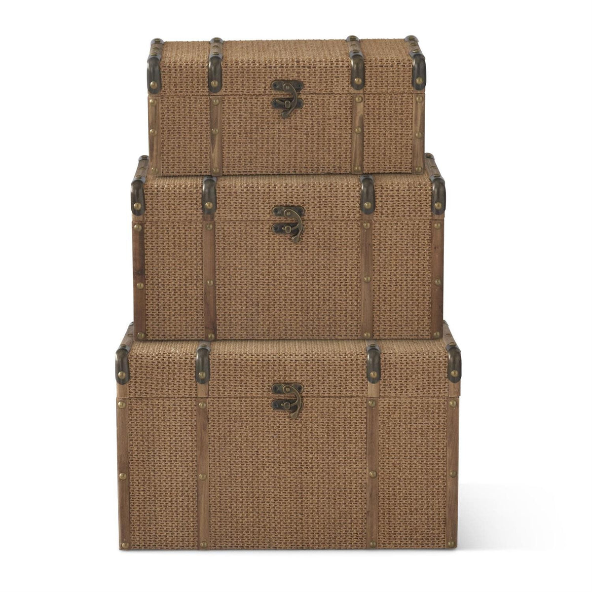 Nesting chest with natural wood frame and woven jute front panel in rustic brown tones.