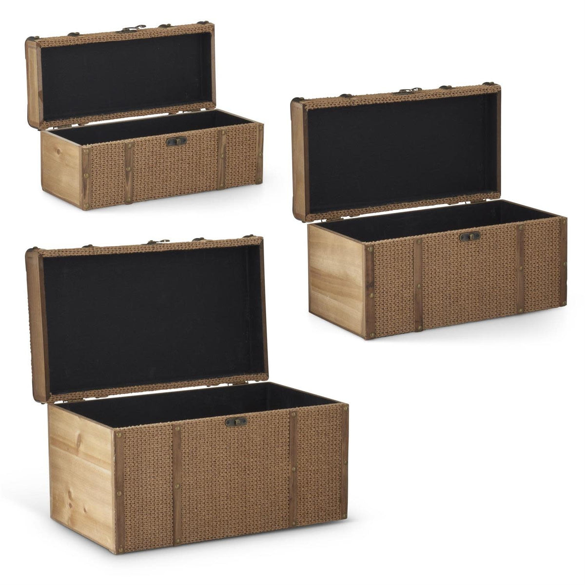 Nesting chest with natural wood frame and woven jute front panel in rustic brown tones.