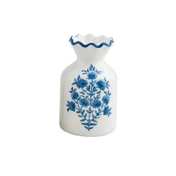 Hand-stamped stoneware bud vase with hand-painted wavy rim in block print pattern.