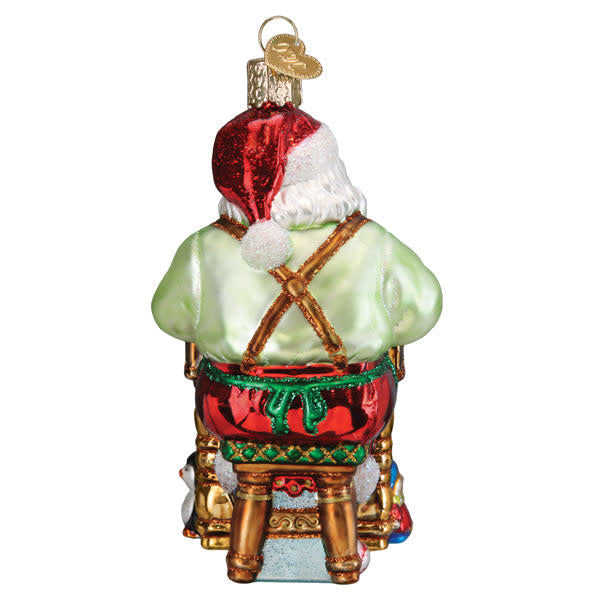 Workshop Santa ornament in red with white beard crafting toys