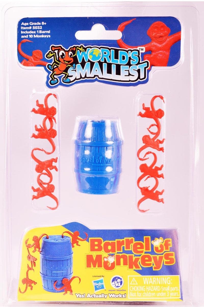 World's Smallest Barrel of Monkeys game featuring a miniature wooden barrel with ten monkey figures.