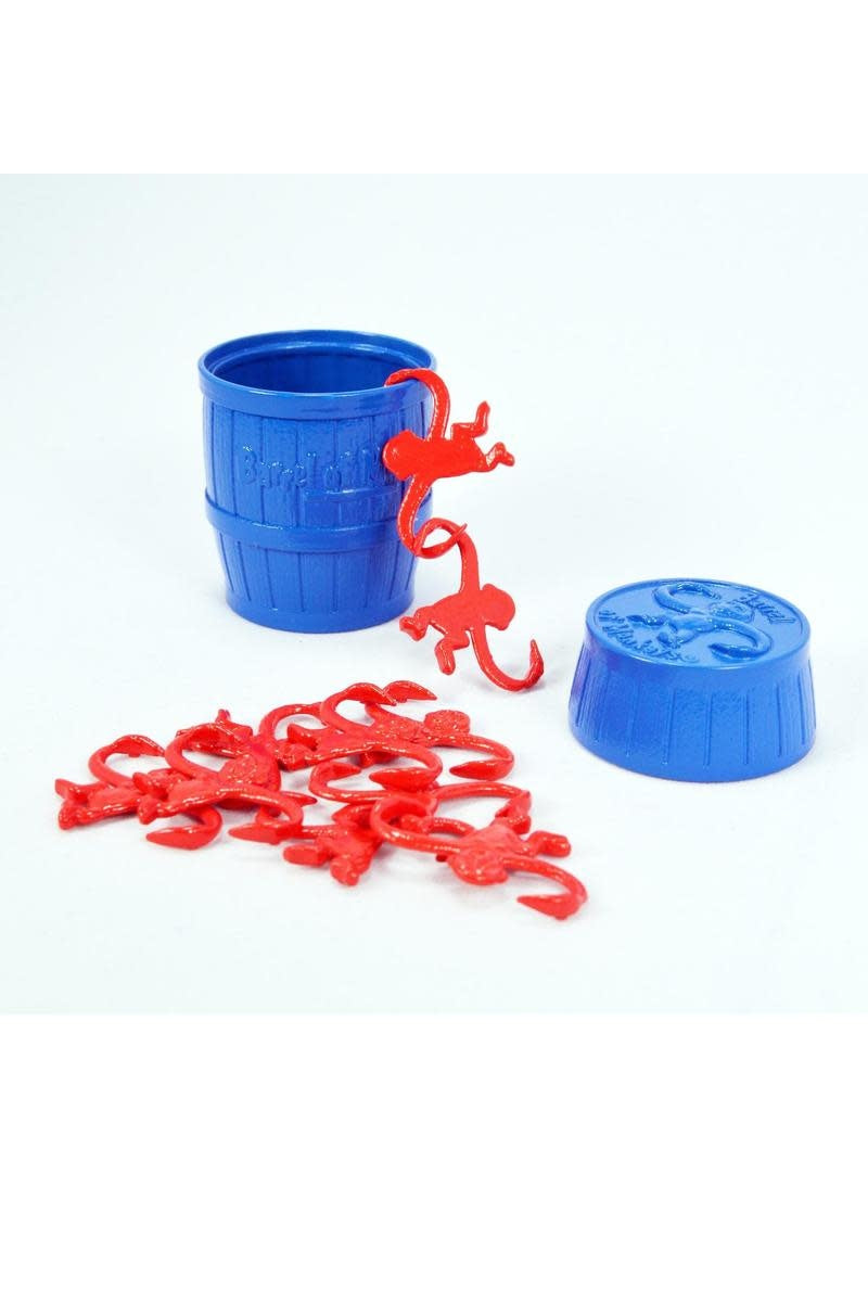 Small Barrel of Monkeys game with a wooden barrel holding ten colorful monkey figures.