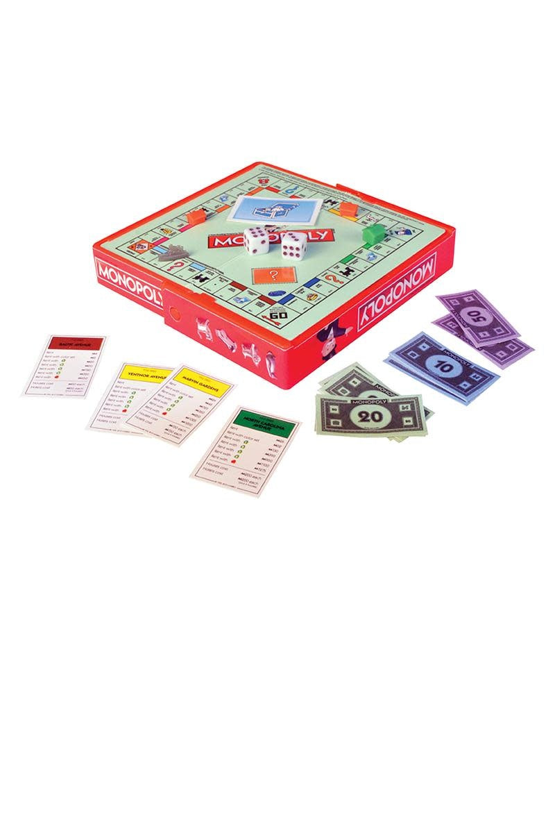 Pocket-sized Monopoly game board with miniature tokens, dice, money, houses, hotels, and cards in a compact storage box.