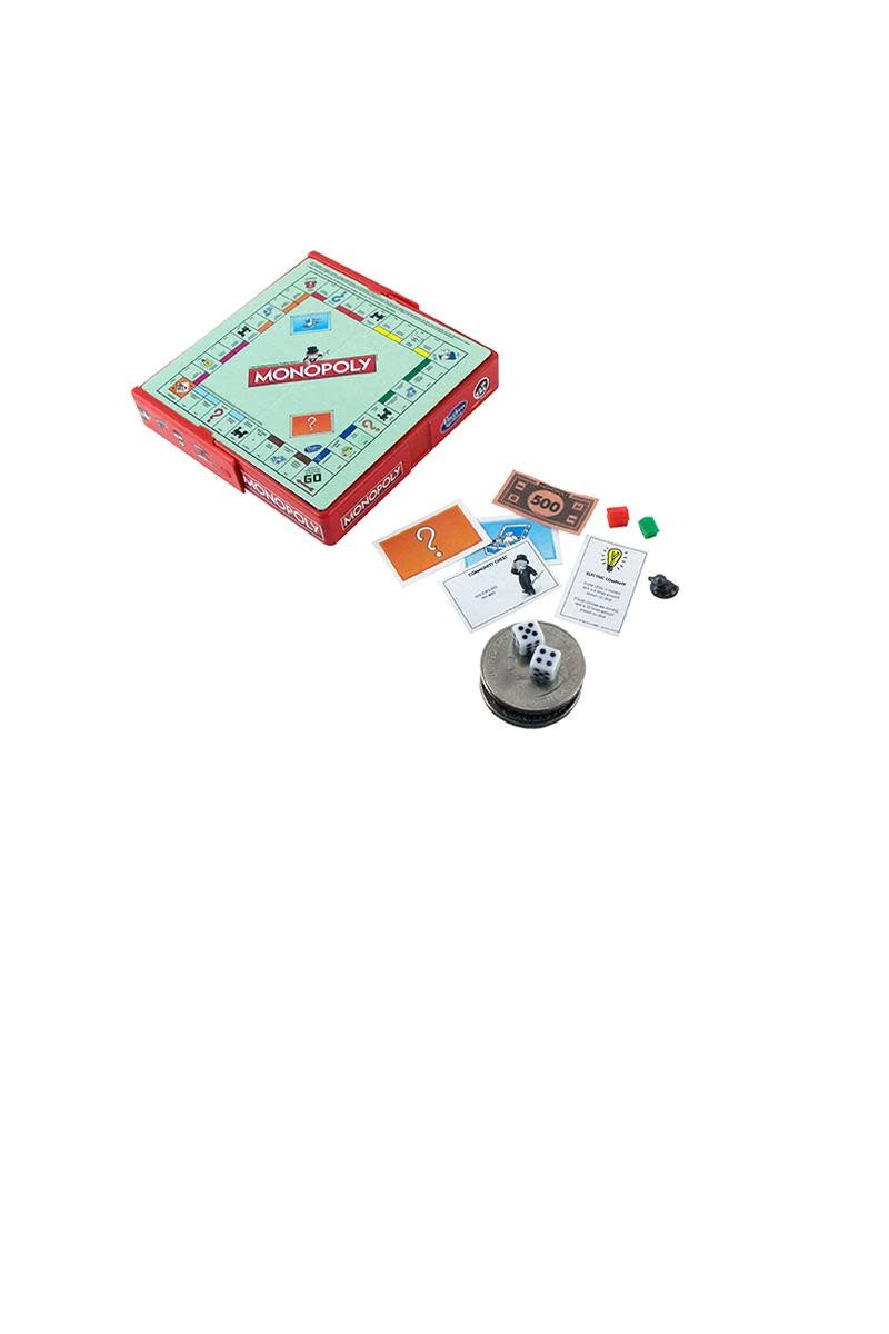 Pocket-sized Monopoly game board with miniature tokens, dice, houses, hotels, and money in a compact carry box.