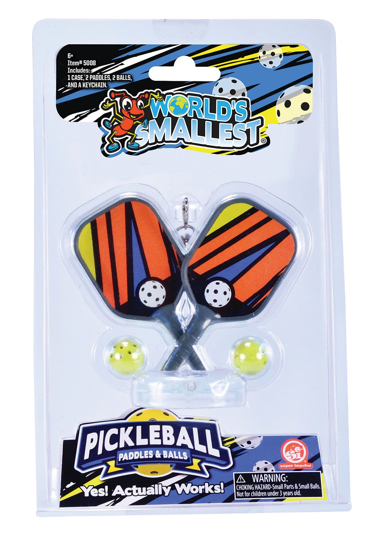Keychain pickleball set with two paddles, balls, and a pocket-sized carrying case.