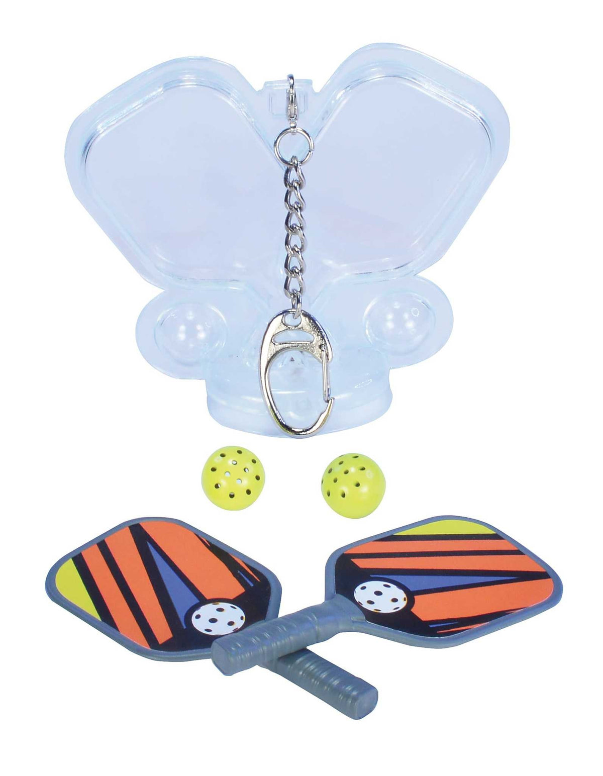Keychain pickleball game with two paddles and balls in a compact case