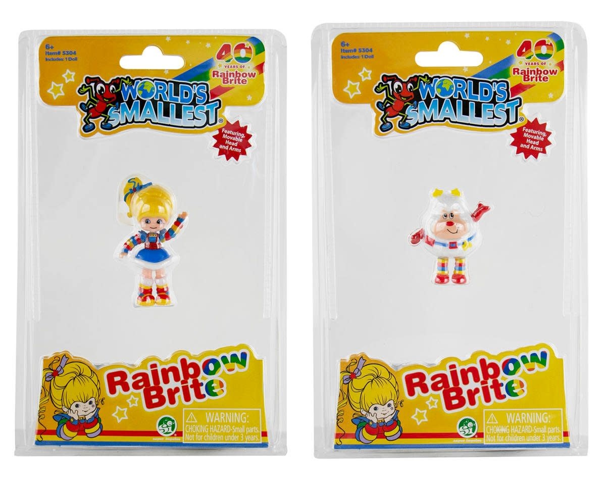 Poseable miniature Rainbow Brite figure with vibrant rainbow hair and colorful outfit.