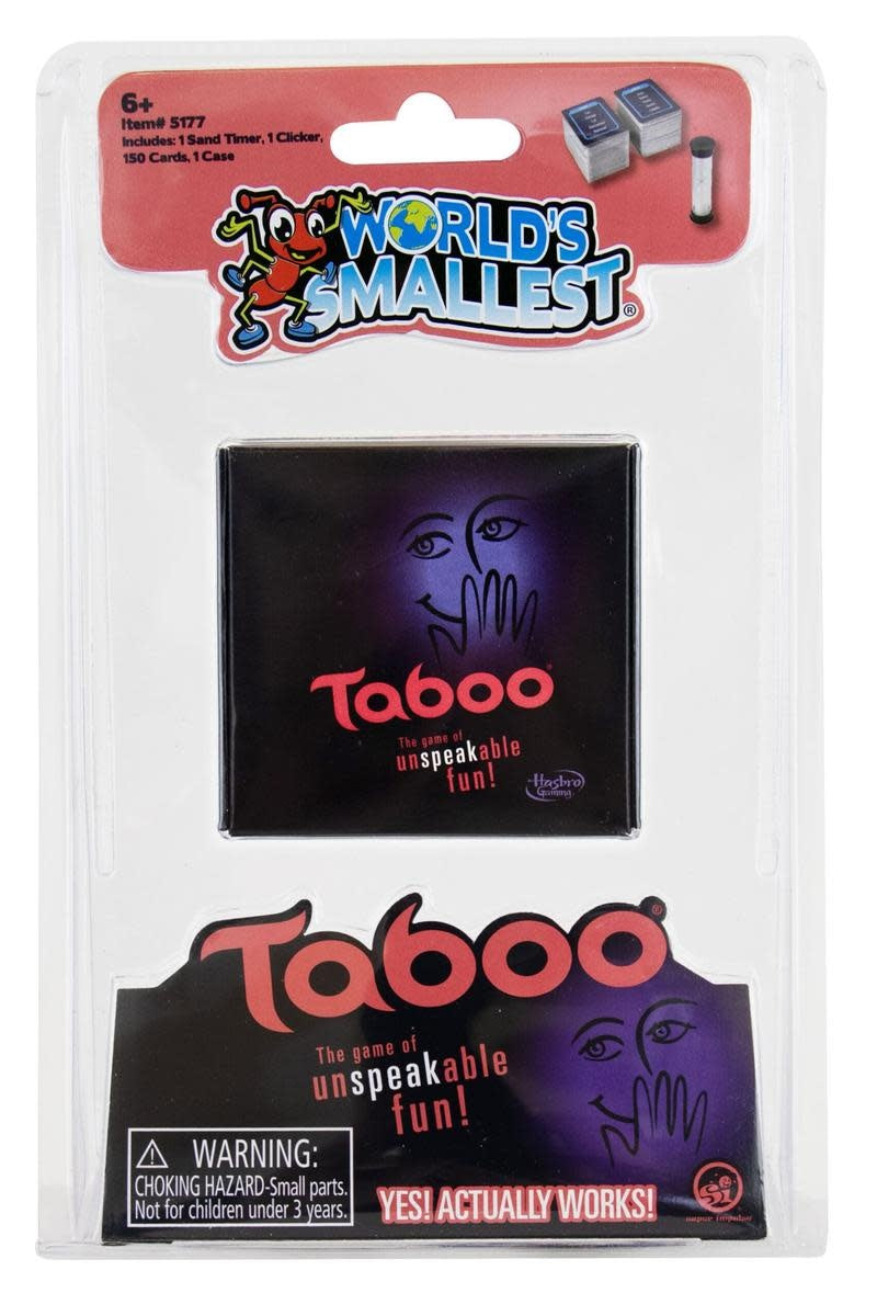 World's Smallest Taboo game box featuring a sand timer, clicker, and card deck.