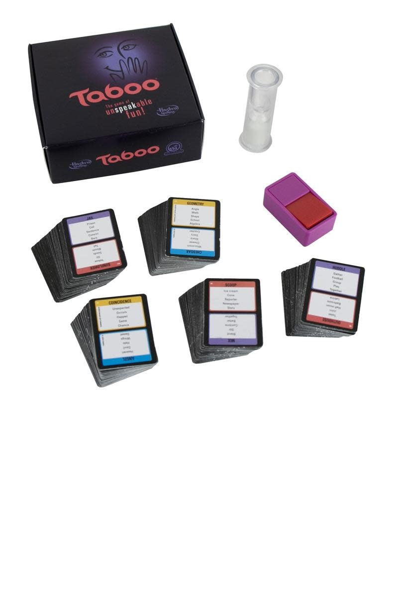 World's Smallest Taboo game box featuring a sand timer, clicker, and card deck.