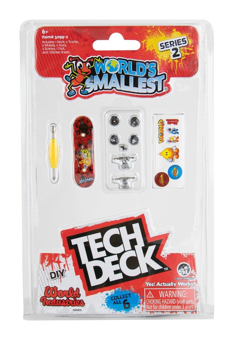 Black Tech Deck fingerboard with black wheels, trucks, screws, nuts, a tool, and sticker sheet included.