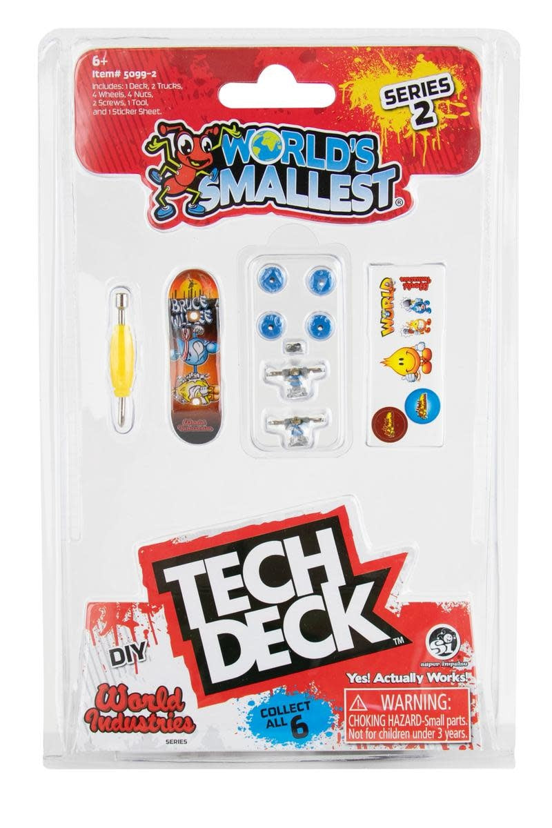 Blue-wheeled DIY Tech Deck fingerboard with trucks, screws, tool, and sticker sheet included.